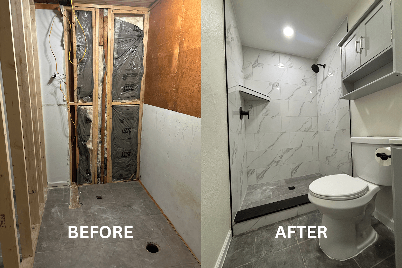 Closet to ensuite bathroom conversion - From bare studs to beautiful marble tile shower